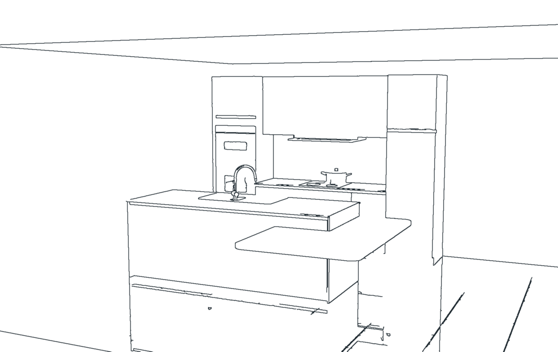 Lijntekening van een keuken met een eiland en een tafel, getekend door Omega